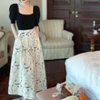 Short-sleeve Square Neck Knit Top / Floral Midi A-line Skirt