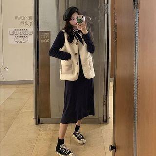 Tie-neck Long-sleeve Midi A-line Dress / Fleece Buttoned Vest