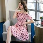 Dotted Off-shoulder Tie-waist A-line Dress