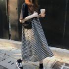 Elbow-sleeve T-shirt / Strappy Check Midi A-line Dress