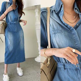 Mock Two-piece Denim Shirtdress Blue - One Size