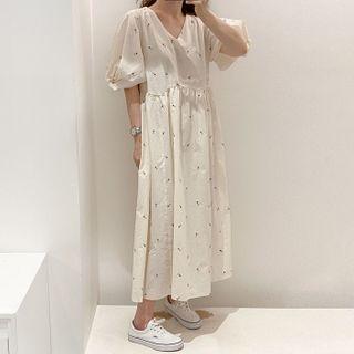 Flower Embroidered Puff-sleeve Midi Shift Dress