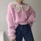 Fluffy Sweater / Lace Collar / Slit Midi Pencil Skirt