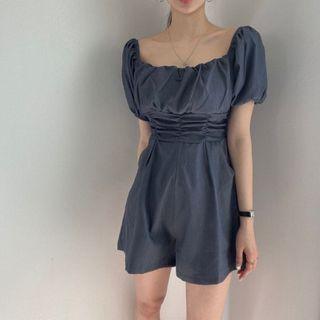 Puff-sleeve Ruffle-detail Slim Fit Jumper Shorts