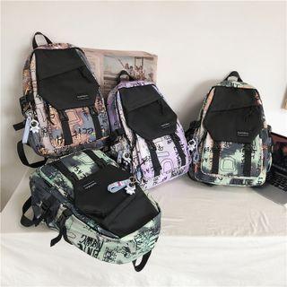 Print Panel Buckled Nylon Backpack