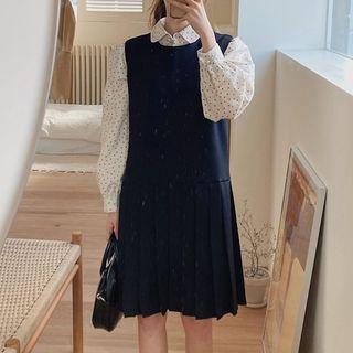 Print Blouse / Pleated Mini A-line Overall Dress