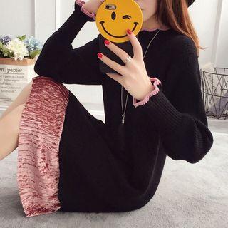 Long-sleeve Velvet Panel Knit A-line Dress