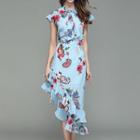 Set: Floral Print Bow Accent Short Sleeve Chiffon Top + Midi Skirt