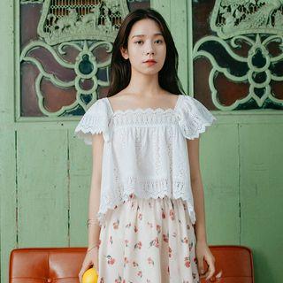 Short-sleeve Embroidered Square Neck Top White - One Size