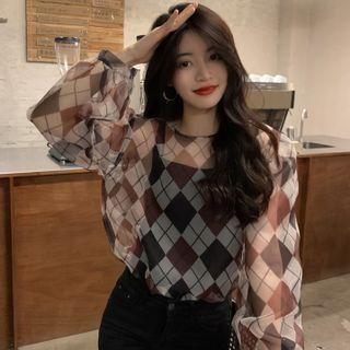 Diamond Plaid Color Block Chiffon Shirt