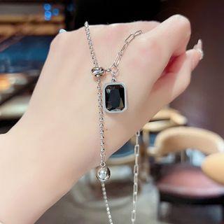 Rhinestone Necklace X183 - 1pc - Black & Silver - One Size