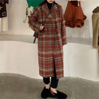 Double Breasted Plaid Long Coat Red - One Size