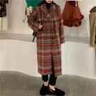 Double Breasted Plaid Long Coat Red - One Size