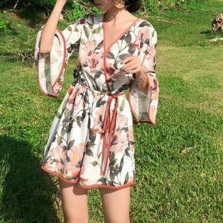 3/4-sleeve Floral Printed Wrap Playsuit