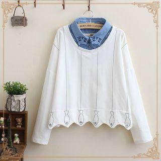 Cartoon Cat Embroidered Mock-two Pullover