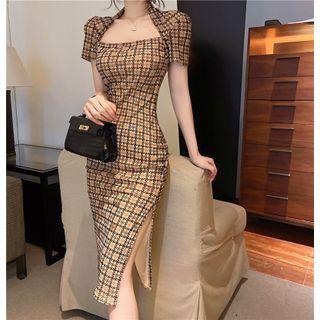 Short-sleeve Houndstooth Midi Sheath Dress