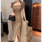 Short-sleeve Houndstooth Midi Sheath Dress