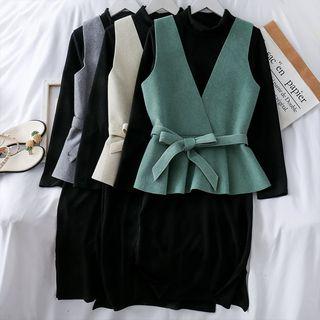 Set: Mock-neck Pencil Dress + Woolen Vest With Sash