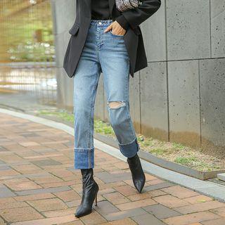 Cuff-hem Slashed Straight Jeans