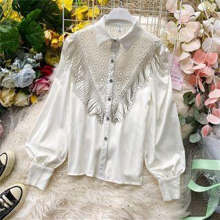Crochet-lace Panel Fringed Long-sleeve Shirt