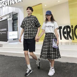 Couple Matching Elbow-sleeve Plaid Shirt / Short-sleeve Letter T-shirt / A-line Midi Skirt / Shorts