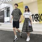 Couple Matching Elbow-sleeve Plaid Shirt / Short-sleeve Letter T-shirt / A-line Midi Skirt / Shorts