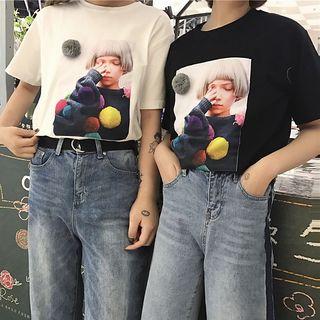 Pompom Printed Short Sleeve T-shirt