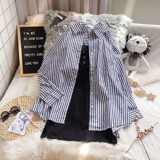 Set: Spaghetti Strap A-line Dress + Striped Shirt Set: Spaghetti Strap Dress & Shirt - As Shown In Figure - One Size