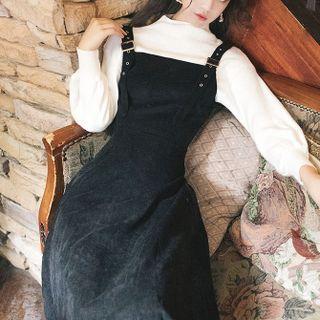 Set: Long-sleeve Mock-neck Knit Top + Corduroy Midi A-line Overall Dress