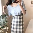 Plain V-neck Short-sleeve T-shirt / Check Skirt