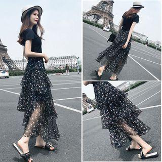 Set: Short-sleeve Top + Floral Print Midi A-line Skirt