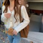 Long-sleeve Scalloped Hem Button-up Knit Top White - One Size