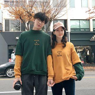 Couple Matching Panel Sleeve Mock Neck Lettering Pullover