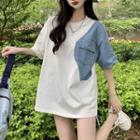 Short-sleeve Round-neck Color Block Panel T-shirt White & Blue - One Size