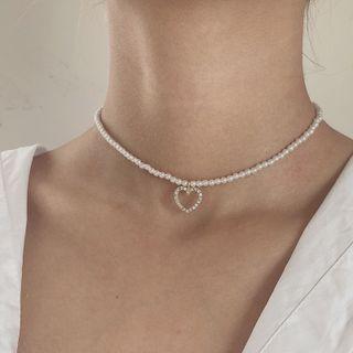 Rhinestone Heart Faux Pearl Necklace 1 Piece - White & Gold - One Size