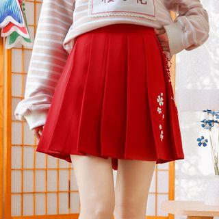 Floral Print Lace-up Pleated Skirt