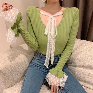 Dotted Panel Long-sleeve Knit Top