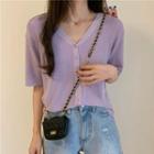 Plain Short-sleeve V-neck Knit Cardigan