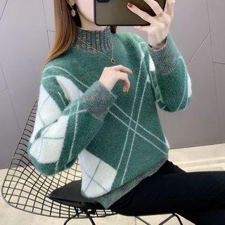 Mock-neck Argyle Print Sweater
