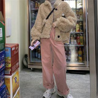 Fluffy Buttoned Jacket / Straight-fit Pants