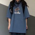 Short-sleeve Bear Print T-shirt Grayish Blue - One Size