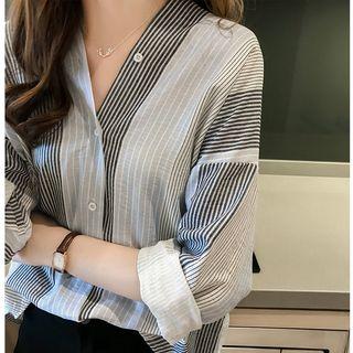 V-neck Striped Long Sleeve Blouse