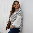 Plus Size Long-sleeve V Neck Striped T-shirt