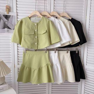 Set: Short-sleeve Round Neck Top + High-waist A-line Skirt
