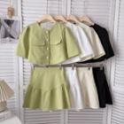 Set: Short-sleeve Round Neck Top + High-waist A-line Skirt