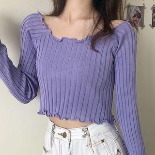 Long-sleeve Off-shoulder Plain Ribbed Knit Crop Top