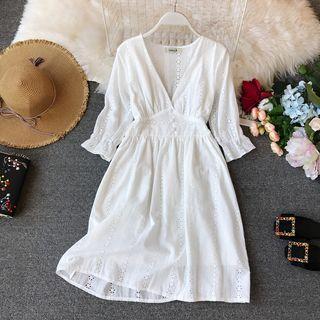 V-neck Elbow-sleeve A-line Dress White - One Size