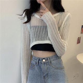 Long-sleeve Sheer Cropped Knit Top