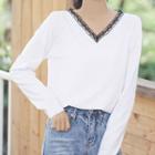 Lace Trim V-neck Long-sleeve T-shirt