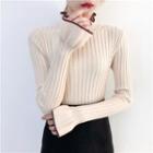 Ruffle Trim Mock Neck Ribbed Knit Top